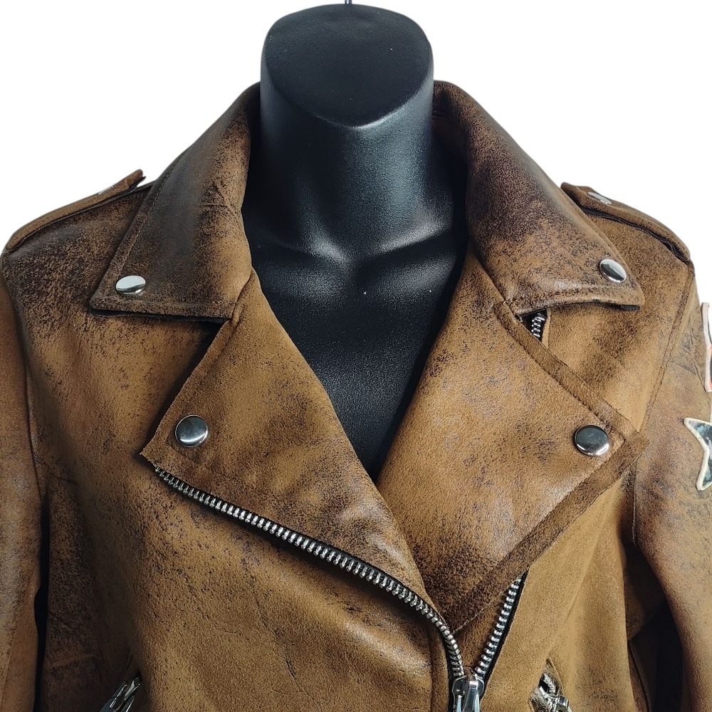 Bershka Women's Size Medium Brown Faux Suede /Leather Cropped Jacket ZIP Up Belt - Picture 3 of 8